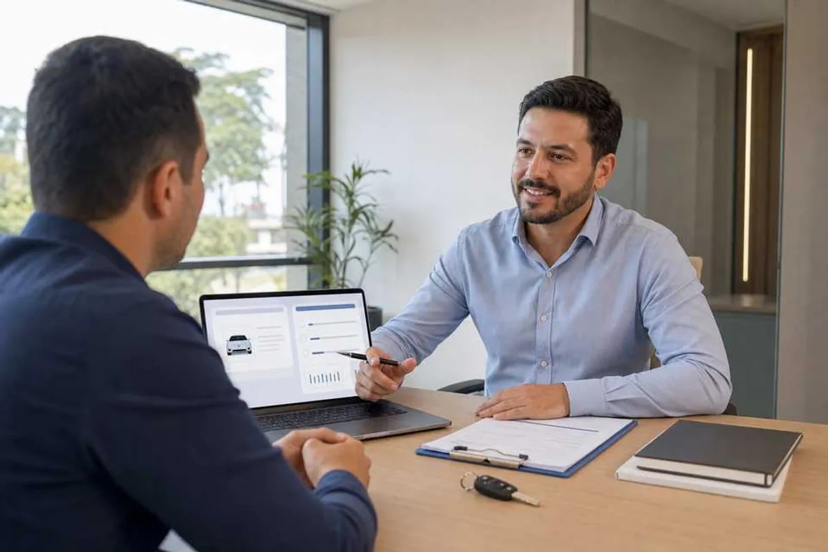 Corretor de seguros realizando cotação de seguro auto com cliente em escritório