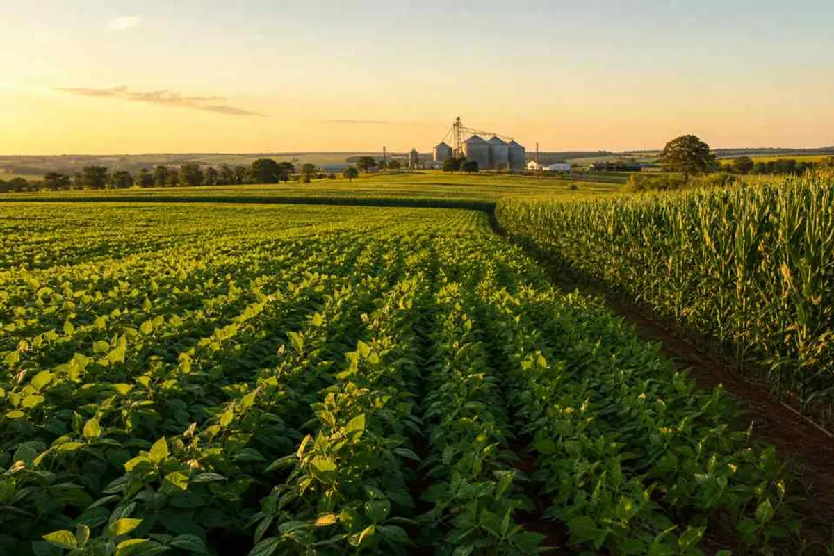 Plantação verde de soja e milho ao entardecer em fazenda de Rio Verde, Goiás, com silos ao fundo