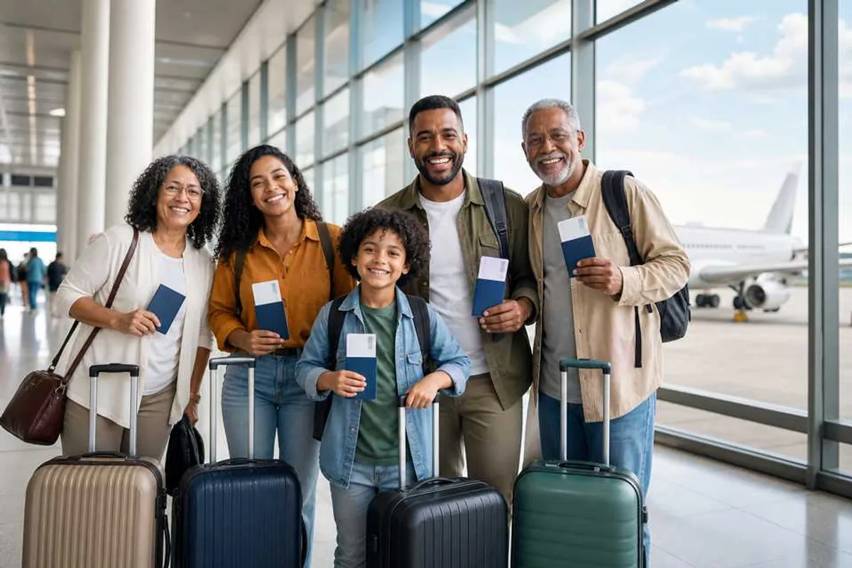 Família em aeroporto pronta para viajar, seguro viagem em Rio Verde