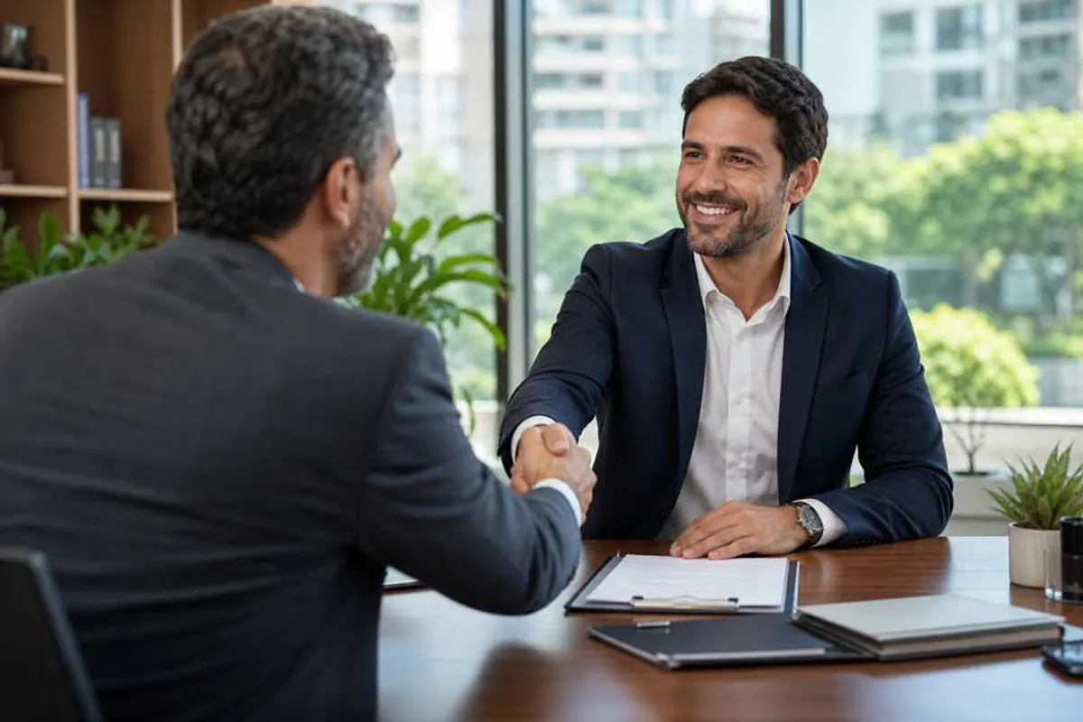 Corretor e empresário fechando contrato de seguro de responsabilidade civil