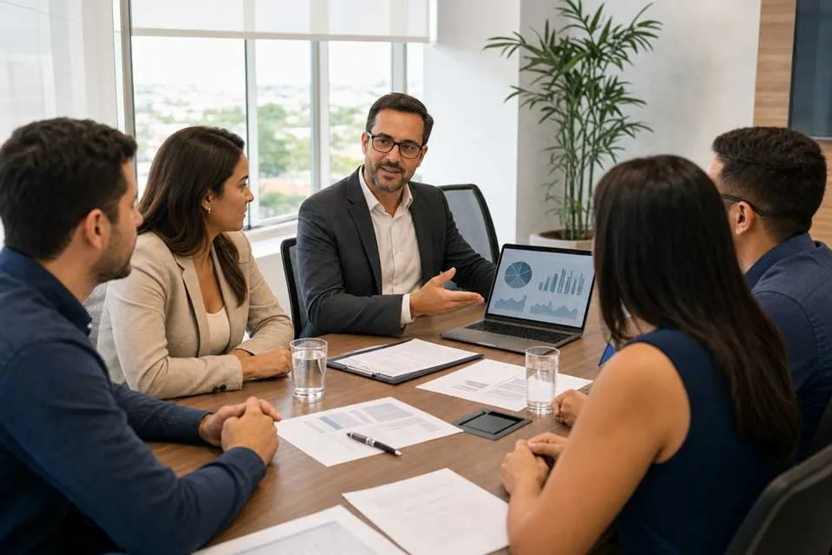 Corretor de seguros orientando equipe sobre seguro de vida em grupo