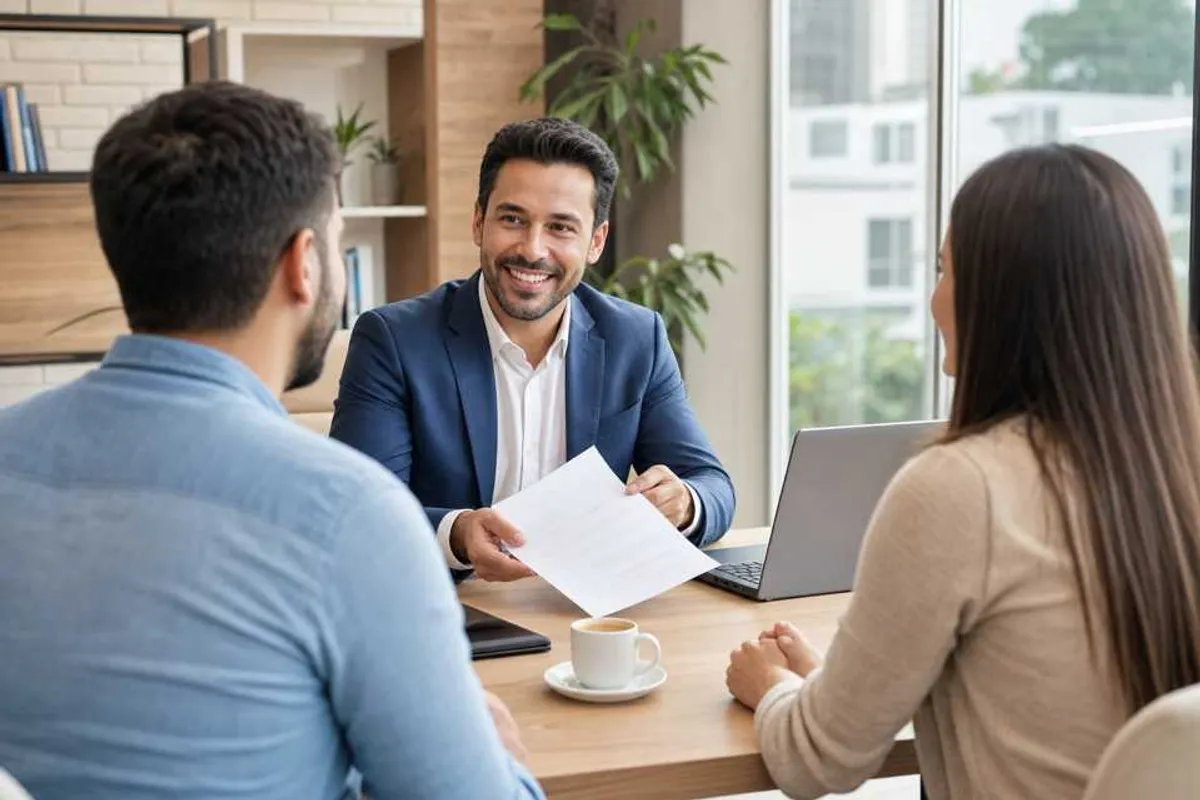 Corretor de seguros apresentando apólice para casal cliente em escritório