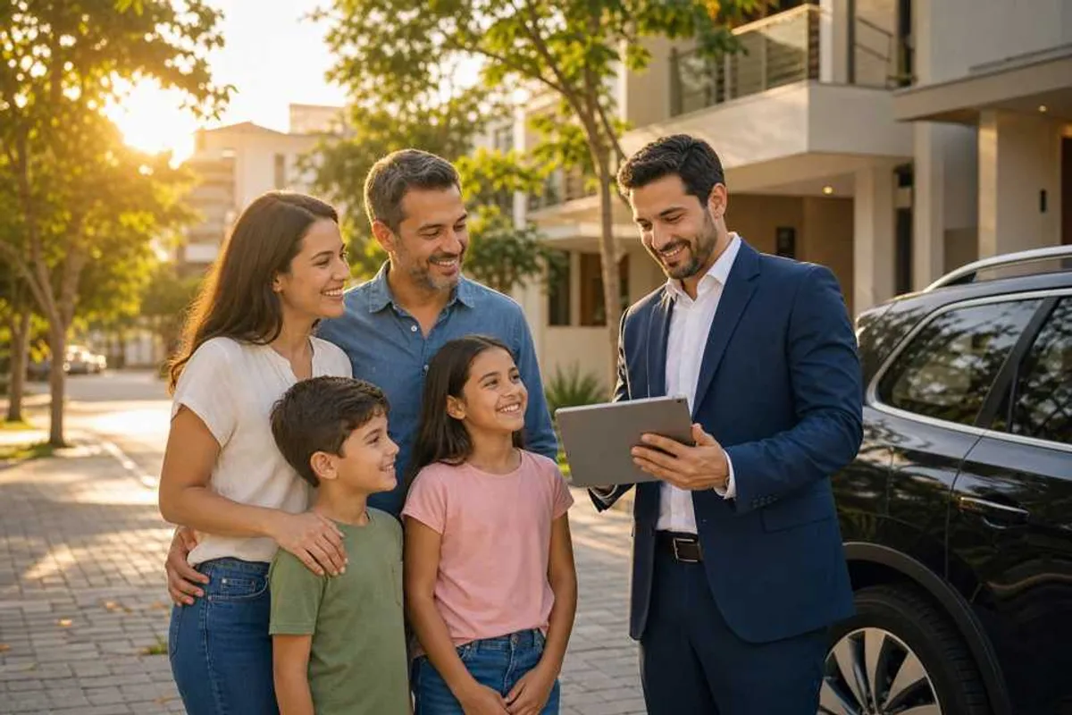 Família feliz em frente à casa e carro protegidos, com corretor de seguros explicando a cobertura em um tablet